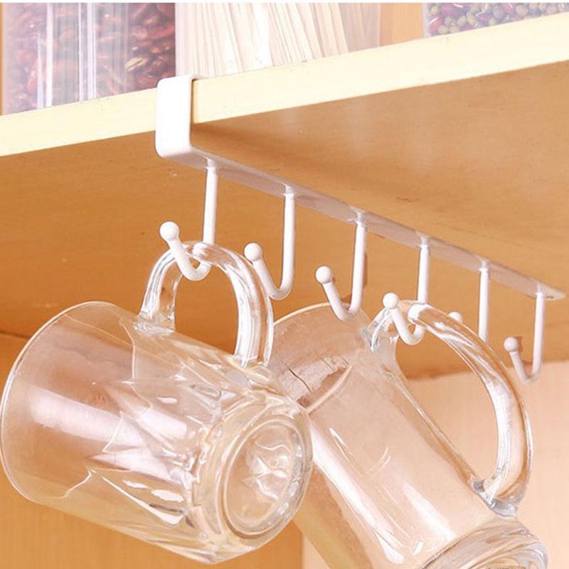 

Traceless Nail Free Metal Kitchen Cup Holder Hang Cabinet Shelf Storage Rack Organizer 6 Hooks білий