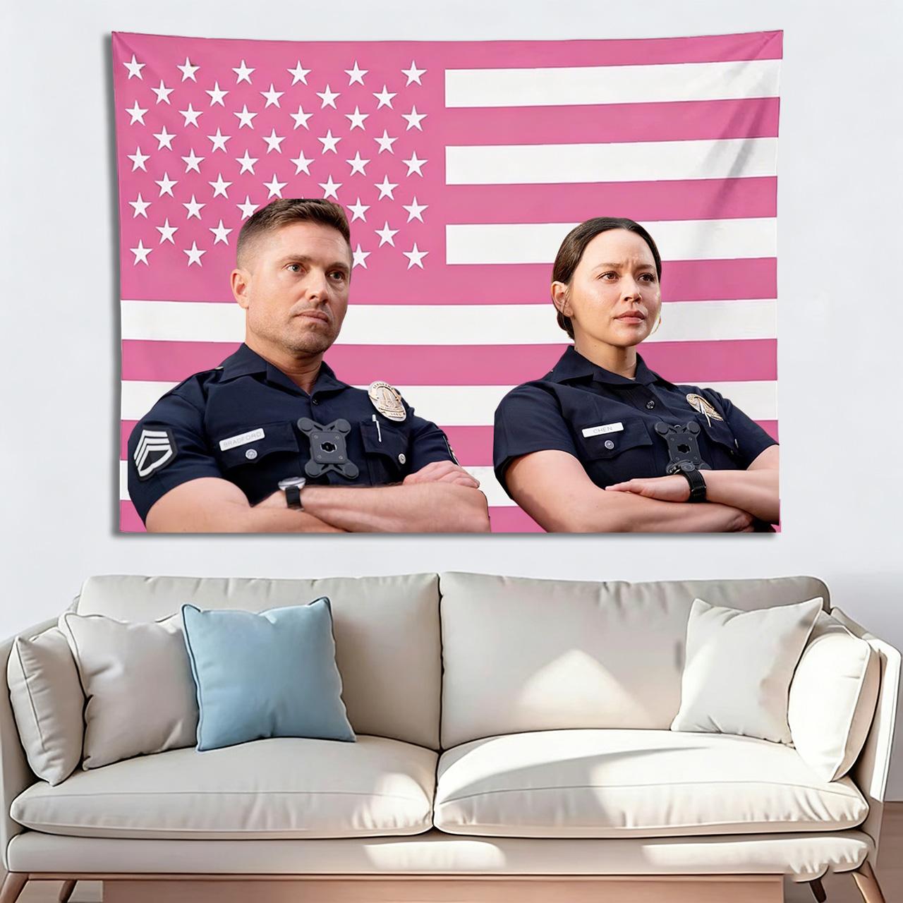 Jmg Household Supplies Pink The Rookie Chenford American Flag Tapestry, Aesthetic Wall Art, Bedroom Dorm Decor, Tim & Lucy Fan Gift