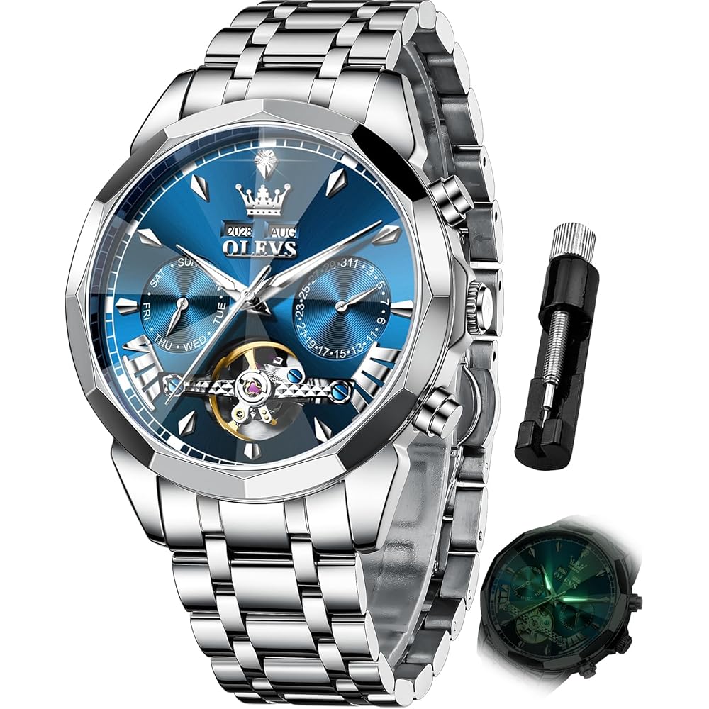 OLEVS Men s Luxury Automatic Mechanical Watch Big Face Tourbillon Skeleton Luminous Silver Band Blue Dial
