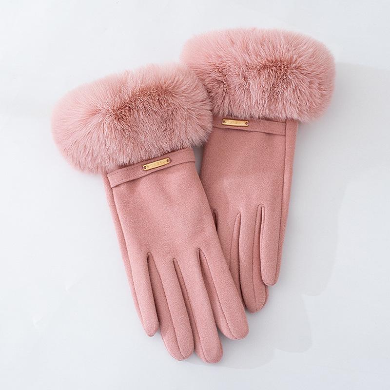 Women's Velvet Rabbit Fur Fleece-Lined Cycling Gloves - Warm, Non-Slip, Windproof, Thick Winter Gloves