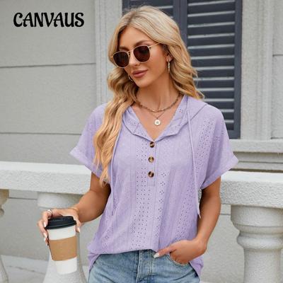 Plus Size Women's Summer New Solid Color Button Up Hooded Loose Short Sleeved Blouse