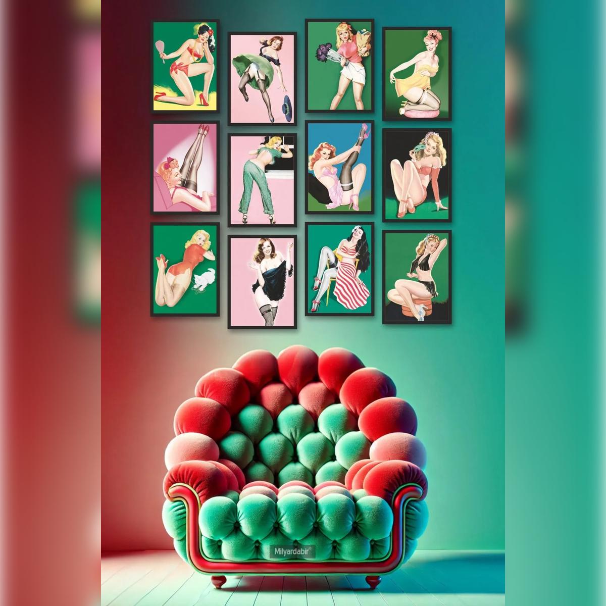 

12-Piece Poster Set with Vibrant Colors & Retro-Style Pin-up Girl Illustrations