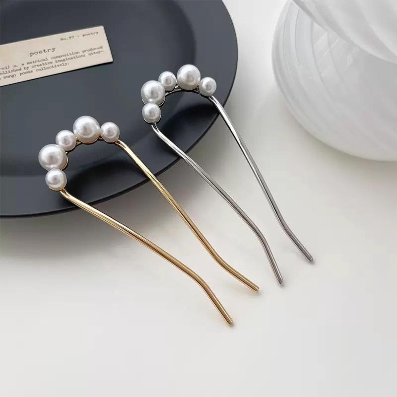 U-Shaped Pearl Tassel Hairpin - Elegant Chinese Style Updo Clip for Women