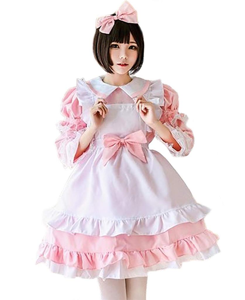 [Milky Time] Maid Outfit, Choice of Colors, Short or Long Sleeves, 2-Way Design, Maid Cosplay, Halloween (Pink, XL)