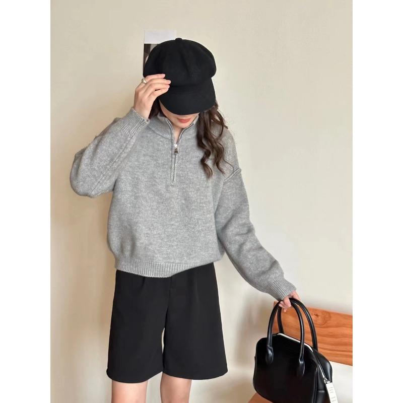 Autumn and winter new simple style loose and thin sweater jacket women lazy double zipper stand-up collar knitted cardigan women