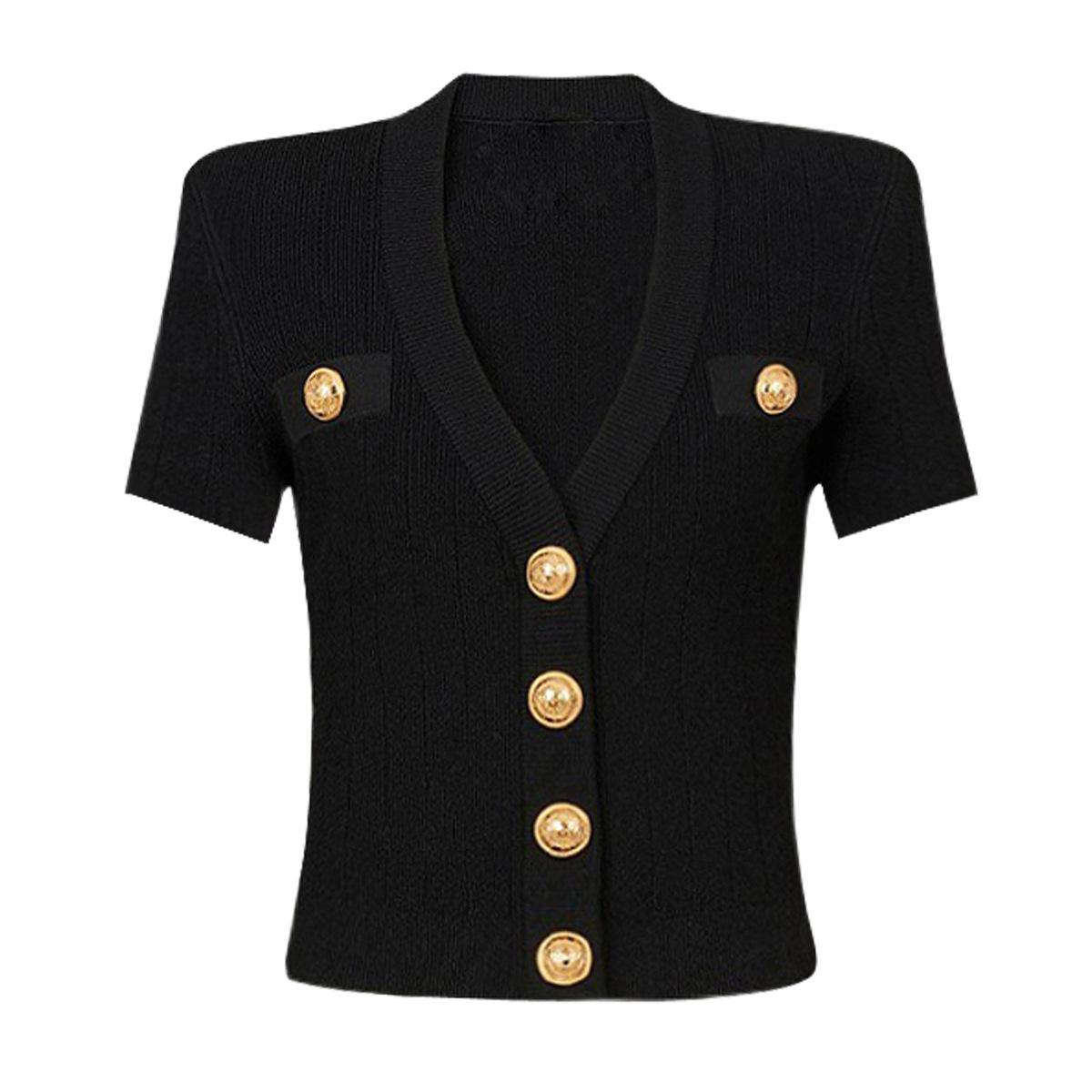 Spot Spring and Autumn New Short Sleeve Short V-Neck Elastic Knitted Sweater Top Fashion Cardigan Jacket Women 23513 S чёрный