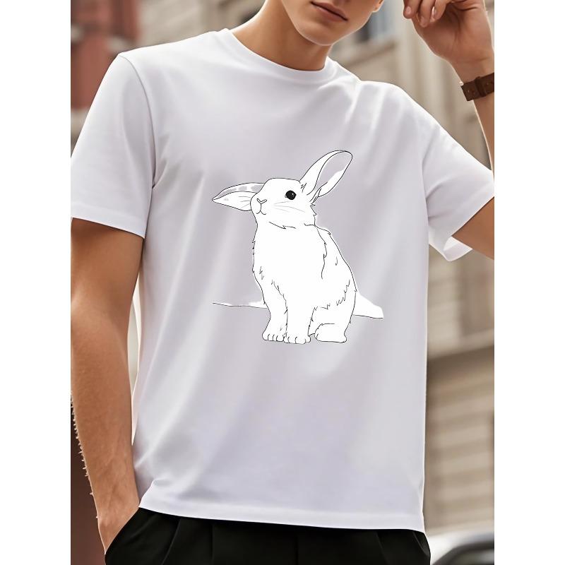European Sizes Men'S Casual Crew Neck T-Shirt with Adorable Cartoon Rabbit Print, Soft Polyester Fabric, Regular Fit,