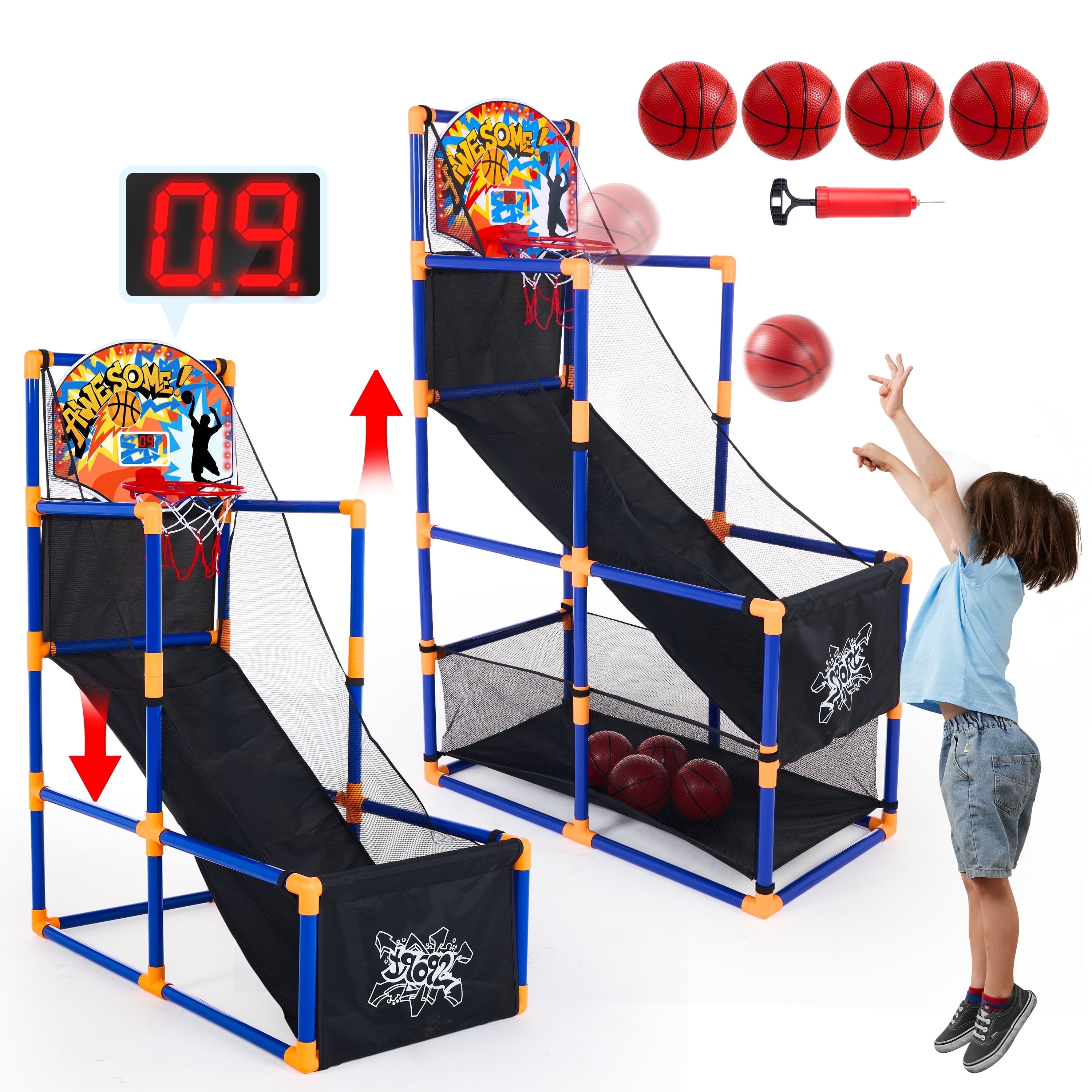 

Joyfy LED Scoring Arcade Basketball Game with 4 Balls Adjustable Height 44 -55 Basketball Stand Hoop Toys Gift for Ages 3-12 Boy
