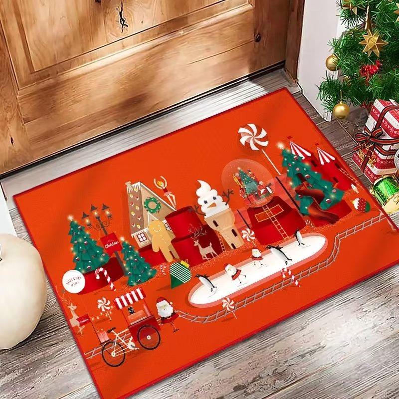 Christmas Themed Door Mat With Festive Patterns Like Christmas Trees Balls Snowflakes Non Slip Welcome Entrance Rug