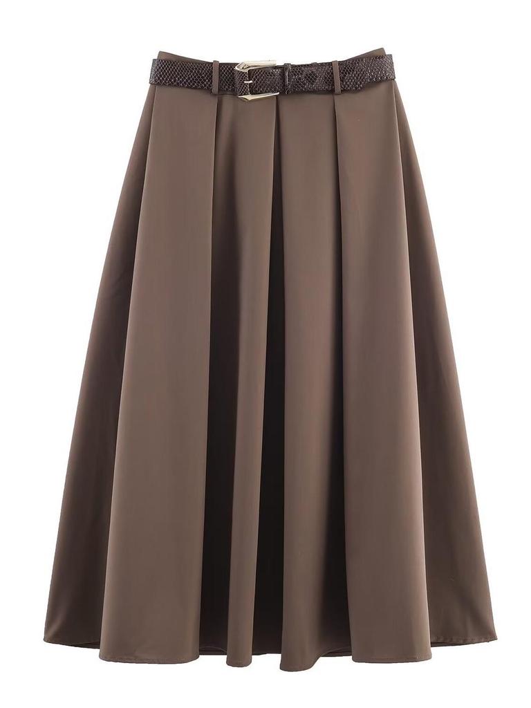 Autumn 2025 Women's Pleated Cloak Midi Skirt with Belt