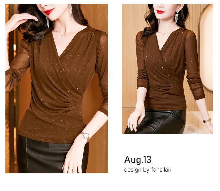 Women's V-Neck Long-Sleeve Mesh Top, Spring/Autumn 2025 – Trendy Inner/Base Layer Shirt