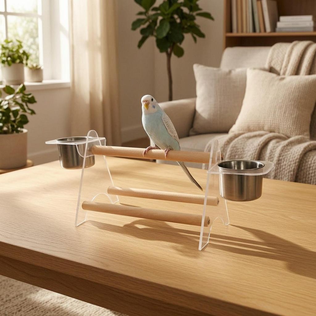 Parrot Play Stand with Cups Wooden Tabletop Bird Perch Compact for Counter