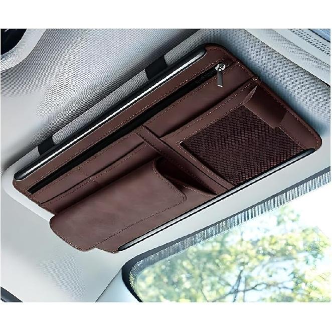 Car Sun Visor Organizer, Soft Leather Surface Eyeglasses Note Card Holder Car Storage Bag, Scratch-Resistant Waterproof Auto Sunshade Organizer Bag,