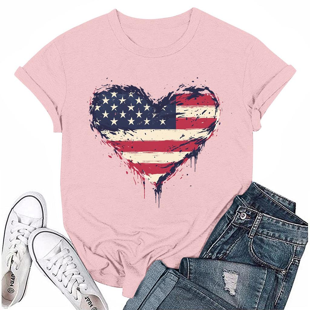 Adults Casual Daily Round Neck Independence Day  Printed Short Sleeved T-shirt Letter Top