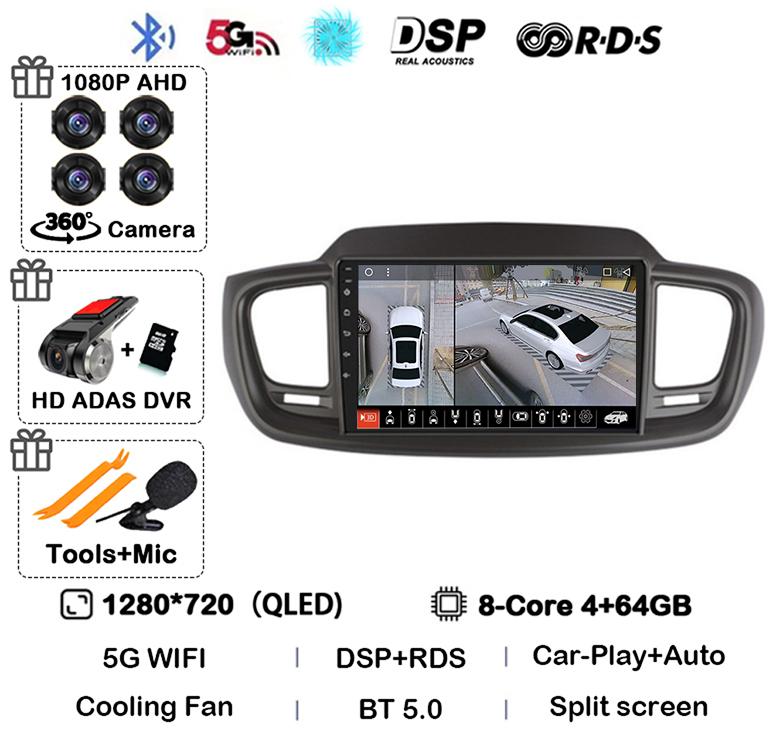 Android 14 WIFI+4G Car Radio For Kia Sorento 3 2015 2016 2017 2018 Carplay Auto GPS Multimedia Player Stereo 360 Camera Audio BT
