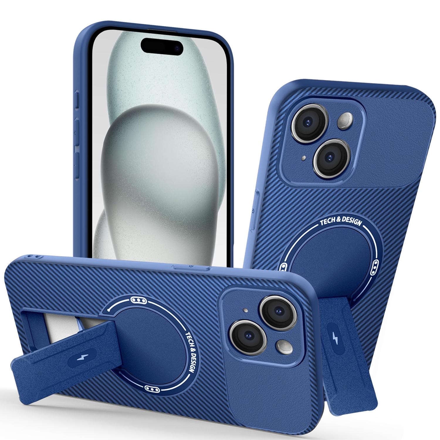 

For iPhone 15 Case with Kickstand Carbon Fiber Texture PC+TPU Phone Cover Blue