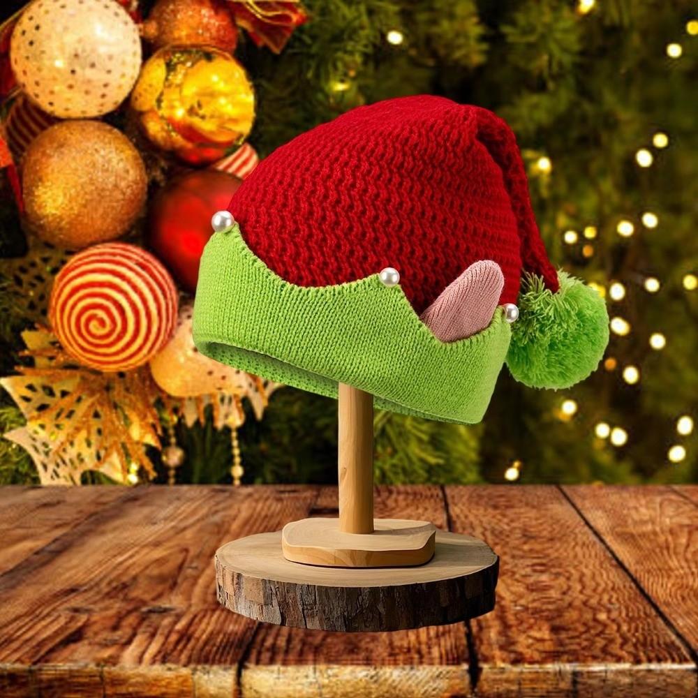 Striped Pattern Christmas Hat Knitted Wool Ball Xmas Cap Jacquard with Small Ears Knitted Hat Festival Girls