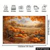 2D plane fairy tale autumn harvest background fabric orange pumpkins hay stacks wooden handcart sunflowers.PMJ