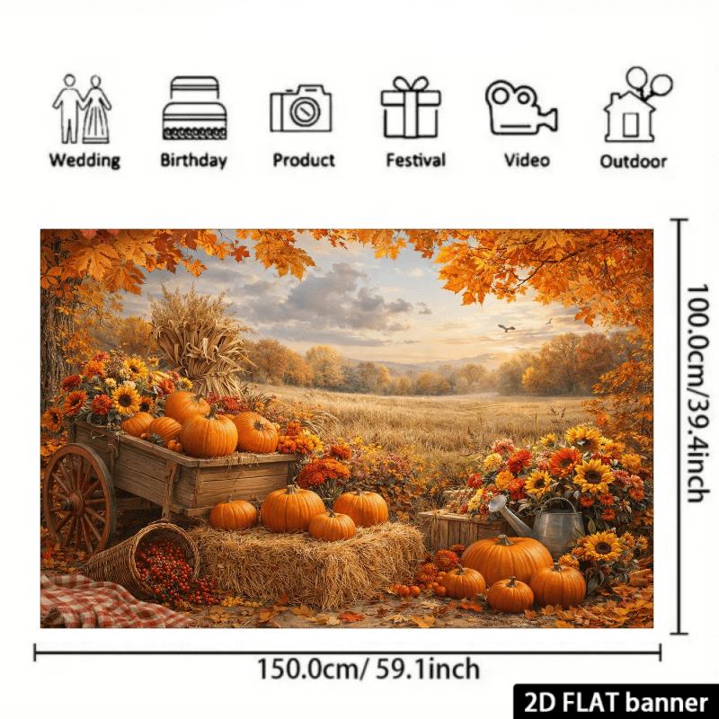2D plane fairy tale autumn harvest background fabric orange pumpkins hay stacks wooden handcart sunflowers.PMJ