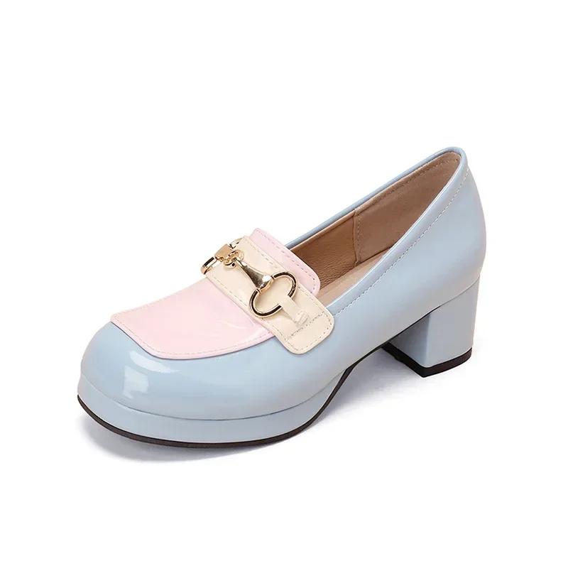 Fashion Luxury Designer Leather Women Pumps Chunky Platform Mules Shoes for Women Cute Lolita Style Tide Golden Buckle Mary Jane Shoes