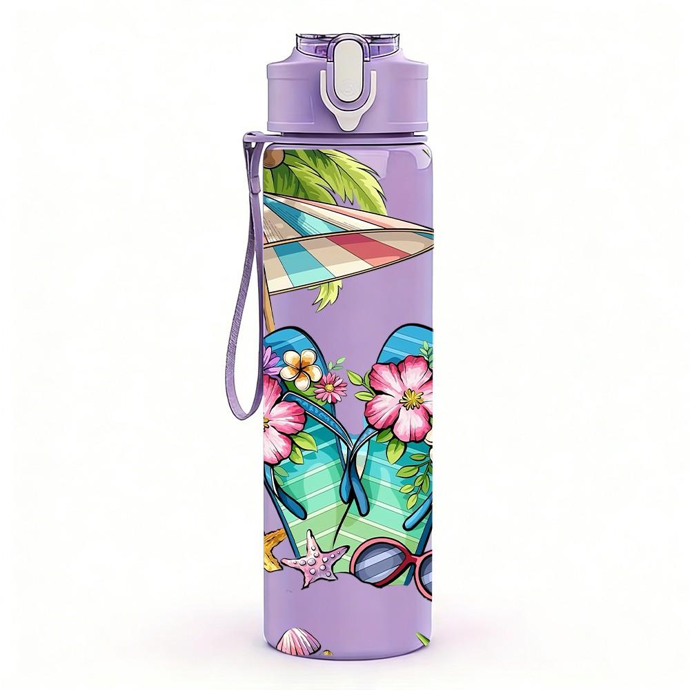 1PC Flip Flop Tropical Summer Print 750ml Color Plastic Sports Water Bottle Leakproof Flip Straw Lid Suitable for Sports Office Home Use