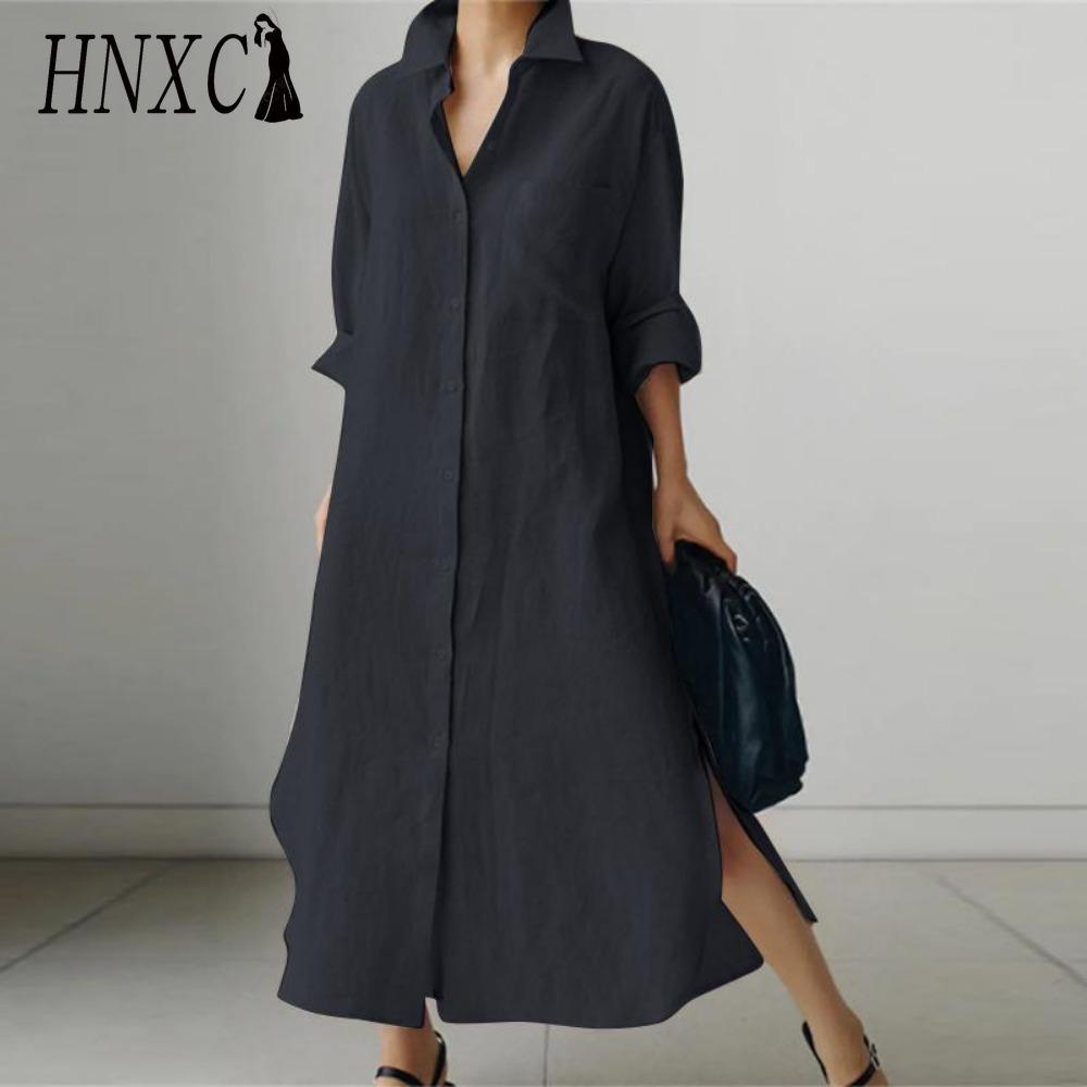 

HNXC Женское повседневное свободное платье-рубашка с отложным воротником и длинными рукавами XL чёрный