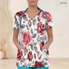 Women Plus Size Rose Floral Printed V Neck Short Sleeve Nurse Scrub Top With Front Pockets