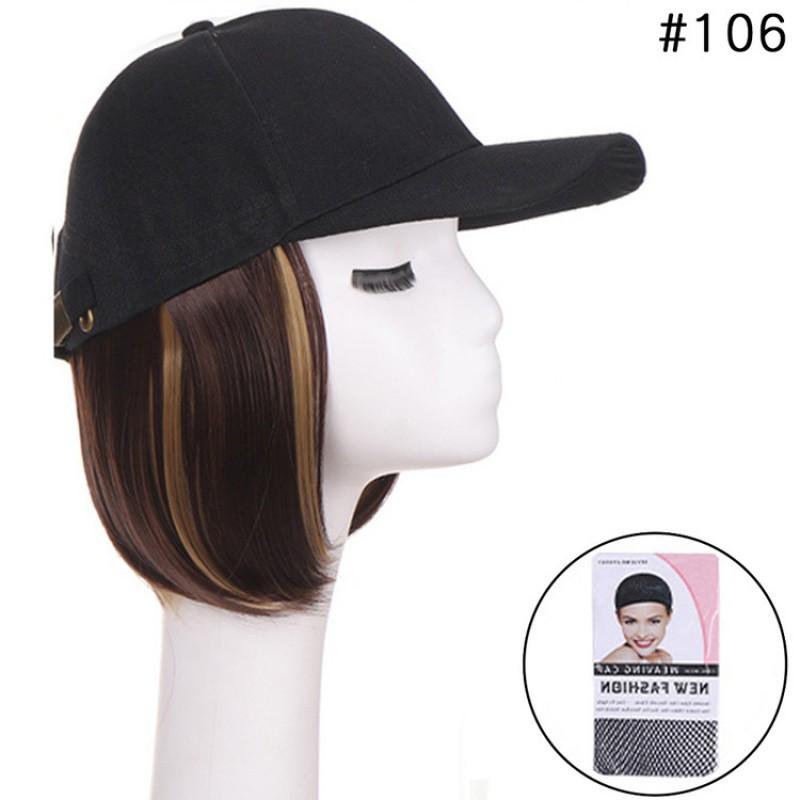 Perruque Bob Court pour Femme avec Casquette de Baseball Intégrée Pièce Capillaire Noir Naturel Cheveux Synthétiques Résistants à la Chaleur Look Élégant