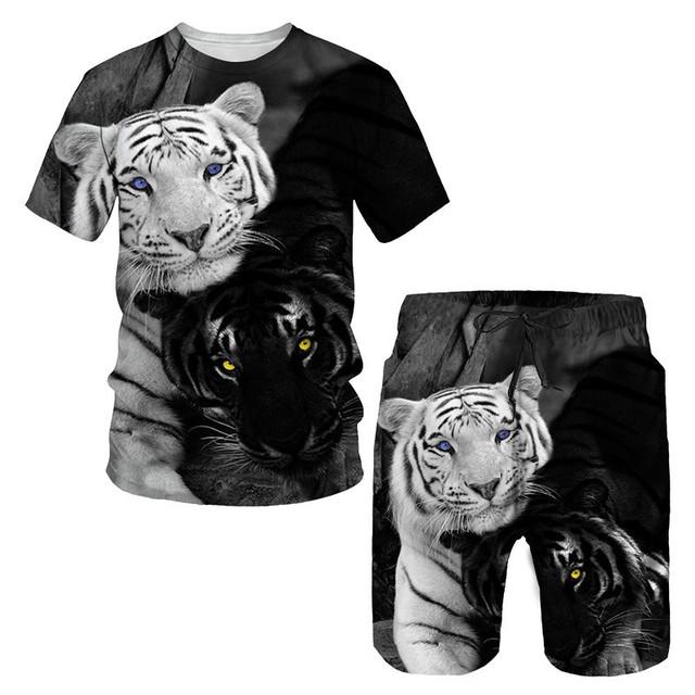 Tricou/costumul cu imprimeu 3D The Tiger, cu mâneci scurte, cu gâtul O, pantaloni de plajă pentru bărbați, set de 2 bucăți, îmbrăcăminte sport pentru cuplu, pantaloni scurți de înot