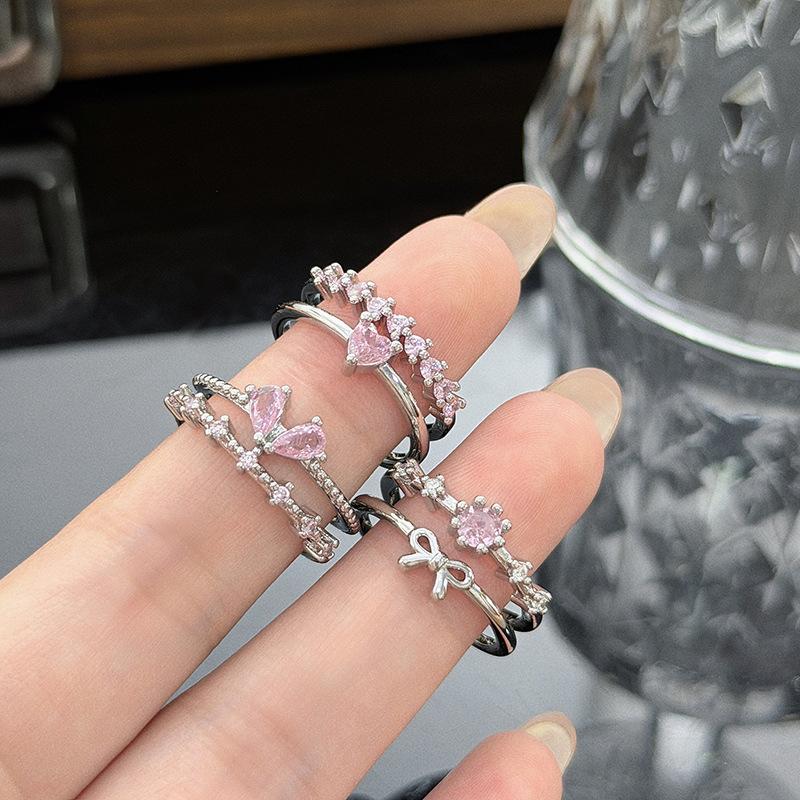 Dream Sweet Cool Girl Pink Love Bow Diamond Zir*****Pen Ring Light Luxury Niche Premium Ring