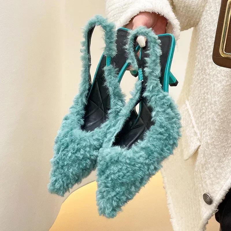 

Fashion New Pink Fur Slingback Sandals Women Fashion Pointed Toe Shallow Slip-on Plush Pumps Ladies Elegant Evening Party Heel Shoes 35