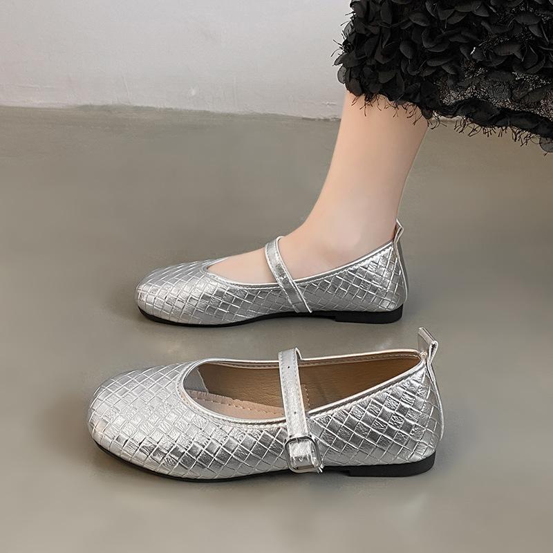 Retro Striped Square Head Mary Jane Small Leather Shoes Women's 2025 Spring New French Flat Bottom One-word Buckle Light Mouth Single Shoes