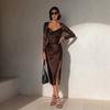 European and American Autumn Women's Elegant Solid Color Drop Neck Long Sleeve High Slit Temperament Slim Fit Medium and Long Dress