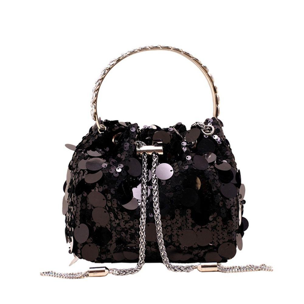 New with Round Handle Sequin Shoulder Bag Chain Tassel Underarm Bags Crossbody Bag Women Girl чёрный