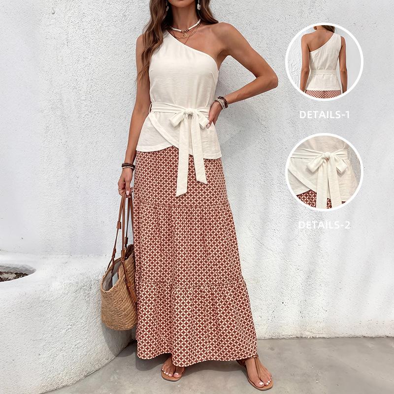 Women One Shoulder Top Geometric Print Maxi Skirt Vacation Two Piece Set