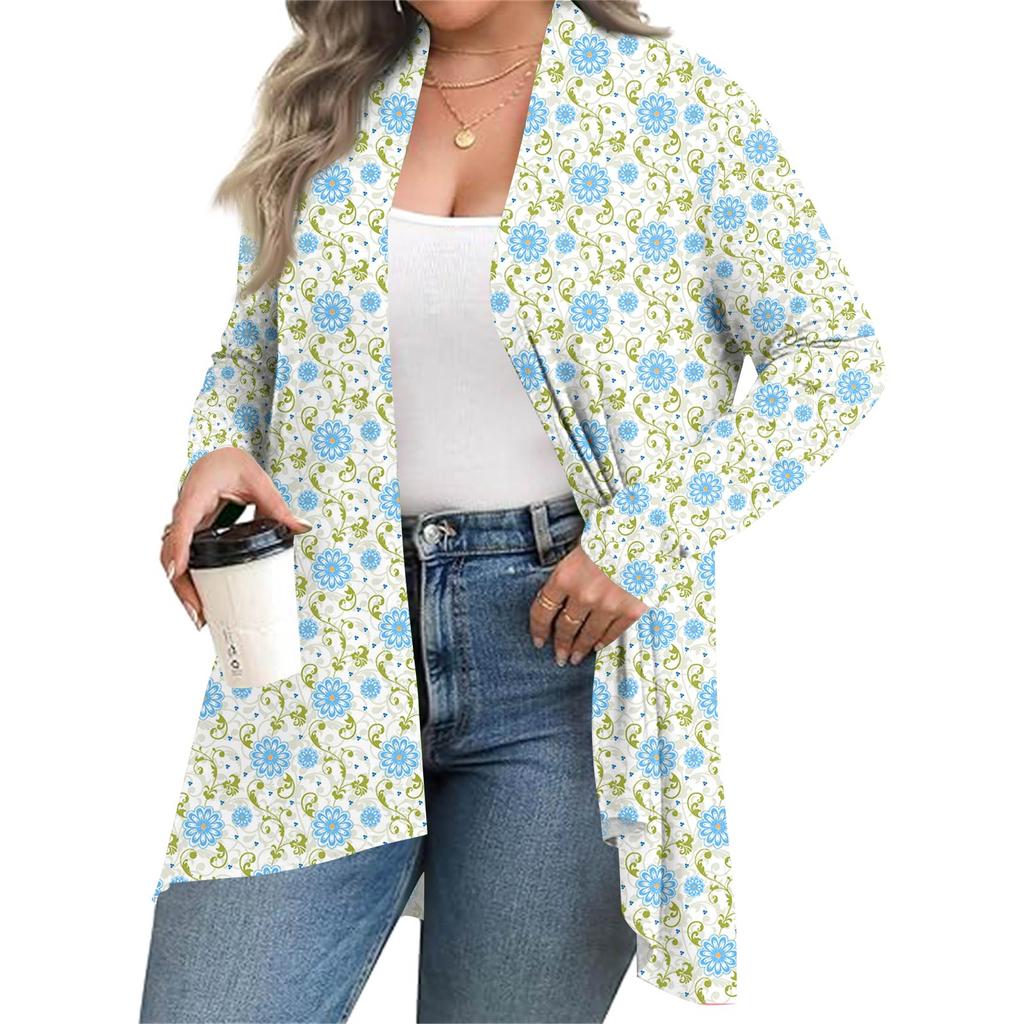 Women's Fall And Winter Fashion Casual Print Long Sleeve Mid-Length Cardigan Jacket