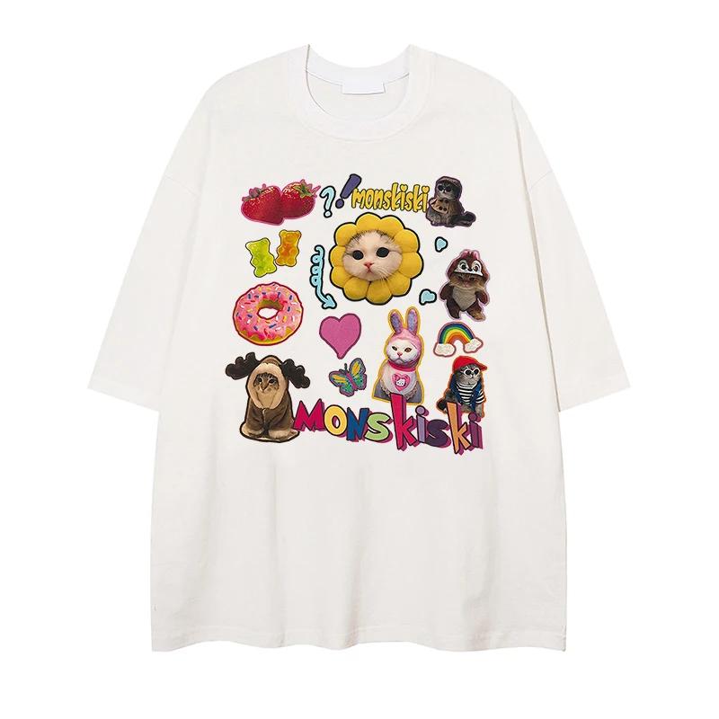 

Футболка Харадзюку Повседневные парные топы Футболки Летние женские футболки Хип-хоп Смешные милые футболки с графическим принтом кошки 2024 Уличная одежда 4XL