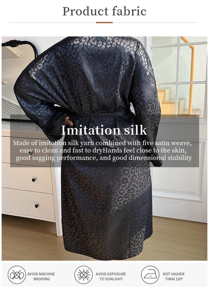 Cross-Border Ice Silk Lace-Up Long Sleeve Printed Bathrobe & Pajama Set