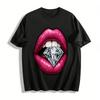 Shiny Rose Lips With Diamond Print T-shirt Unisex Trendy Street Style Loose Casual Top Pure Cotton T-shirt