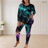 Women Plus Size Round Neck Long Sleeve Printed Longline Top Fitted Pants Two Piece Set