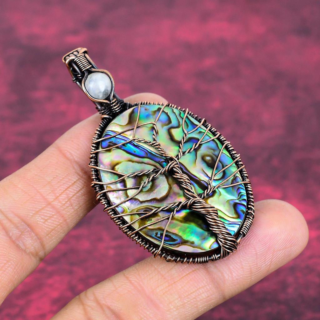 Tree Of Life Abalone Shell Pendant Copper Wire Wrapped Rainbow Moonstone Jewelry