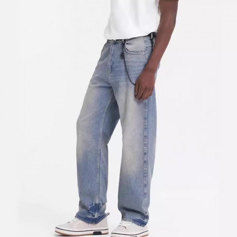 Mens Washed Vintage Denim Jeans Loose Fit Straight Leg Mid-Rise Casual Pants Fall