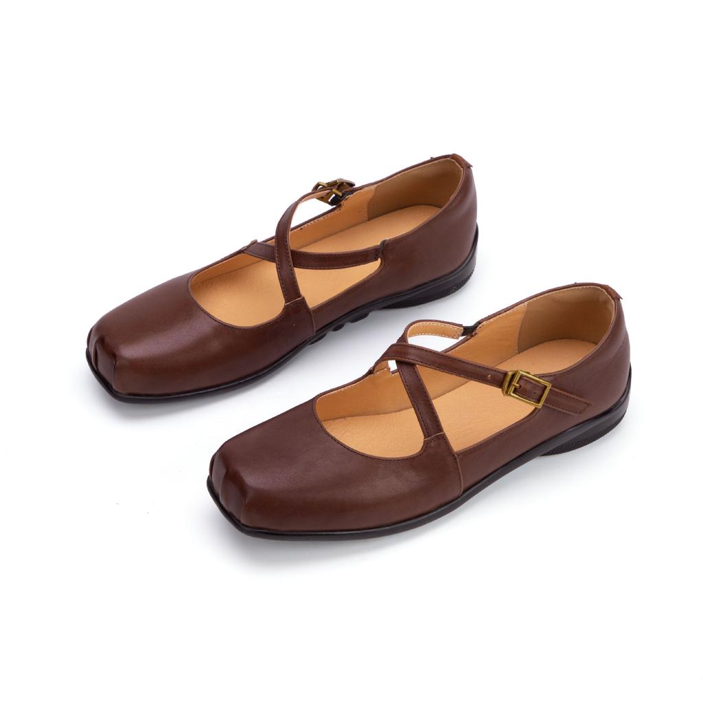 Johnature Genuine Leather Square Toe Mary Janes Shoes Retro Soft Sole Comfortable Buckle Women's Shoes