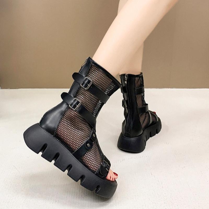 Fashion Women's Cool Boots Mesh Breathable Hollow Out Boots Fashion Middle Tube Platform Sandals Summer Peep Toe  Women Roman Cool Boots