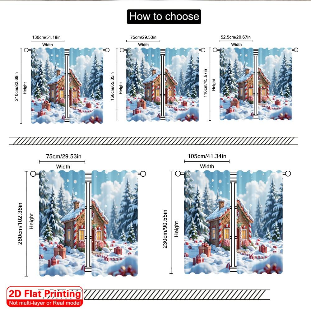 2pcs 2D Flat Printing Christmas Scene Curtain Gingerbread House Candy Winter Wonderland Polyester Fabric Without Electricity