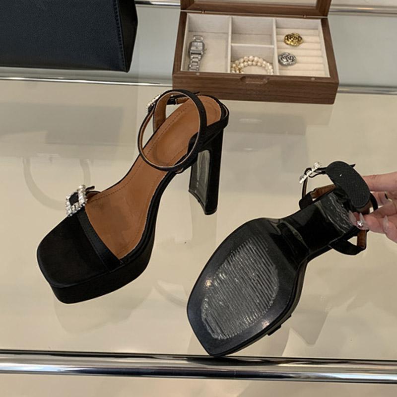 Fashion Liyke Sexy Black High Heels Platform Sandals For Women Fashion Thick Bottom Square Toe Crystal Buckle Ladies Party Banquet Shoes