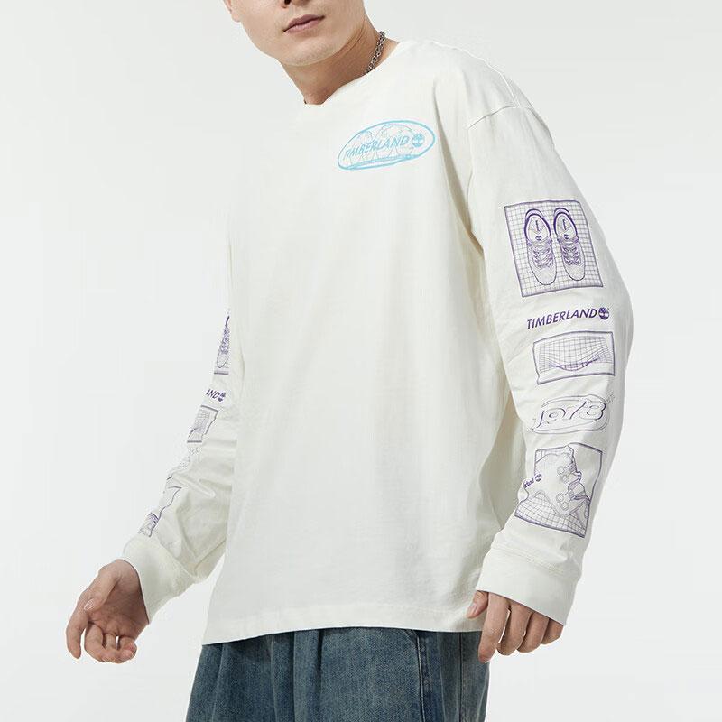 Timberland Letter Print Outdoor Travel Casual Comfortable Crew Neck Pullover Long Sleeve T-Shirt Men Tops White A41A5-CM9