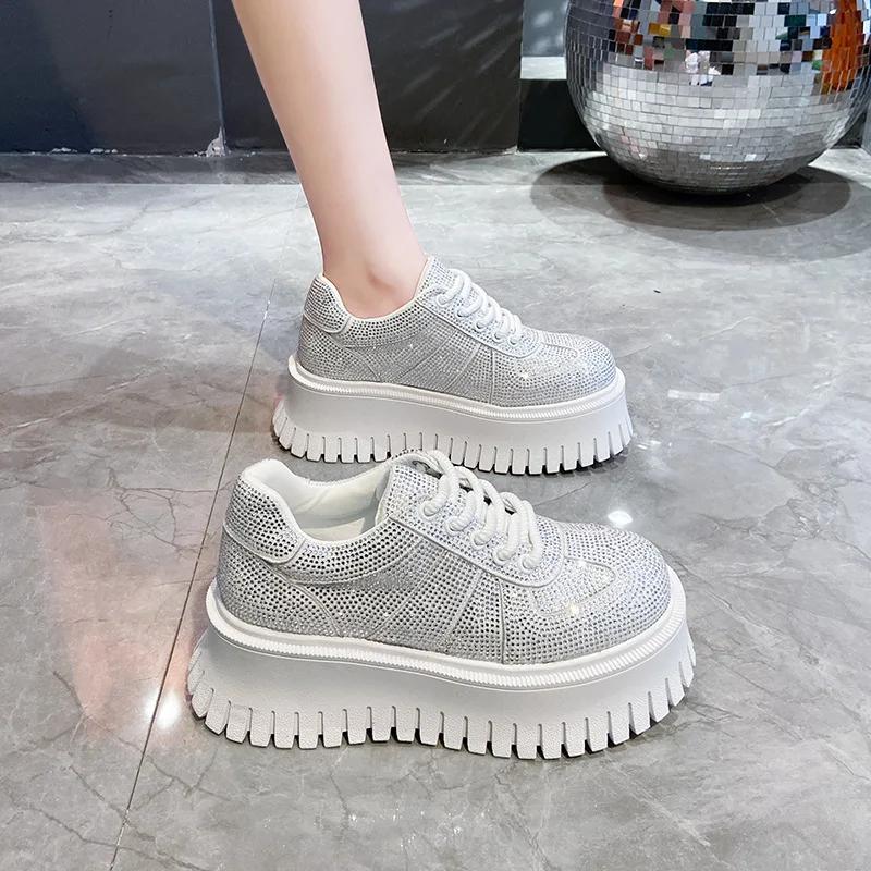 Synthetic Microfiber Leather Women Platform Shoes  Chunky Sneakers Bling Vulcanize Casual Shoes Luxury White Walking Shoes