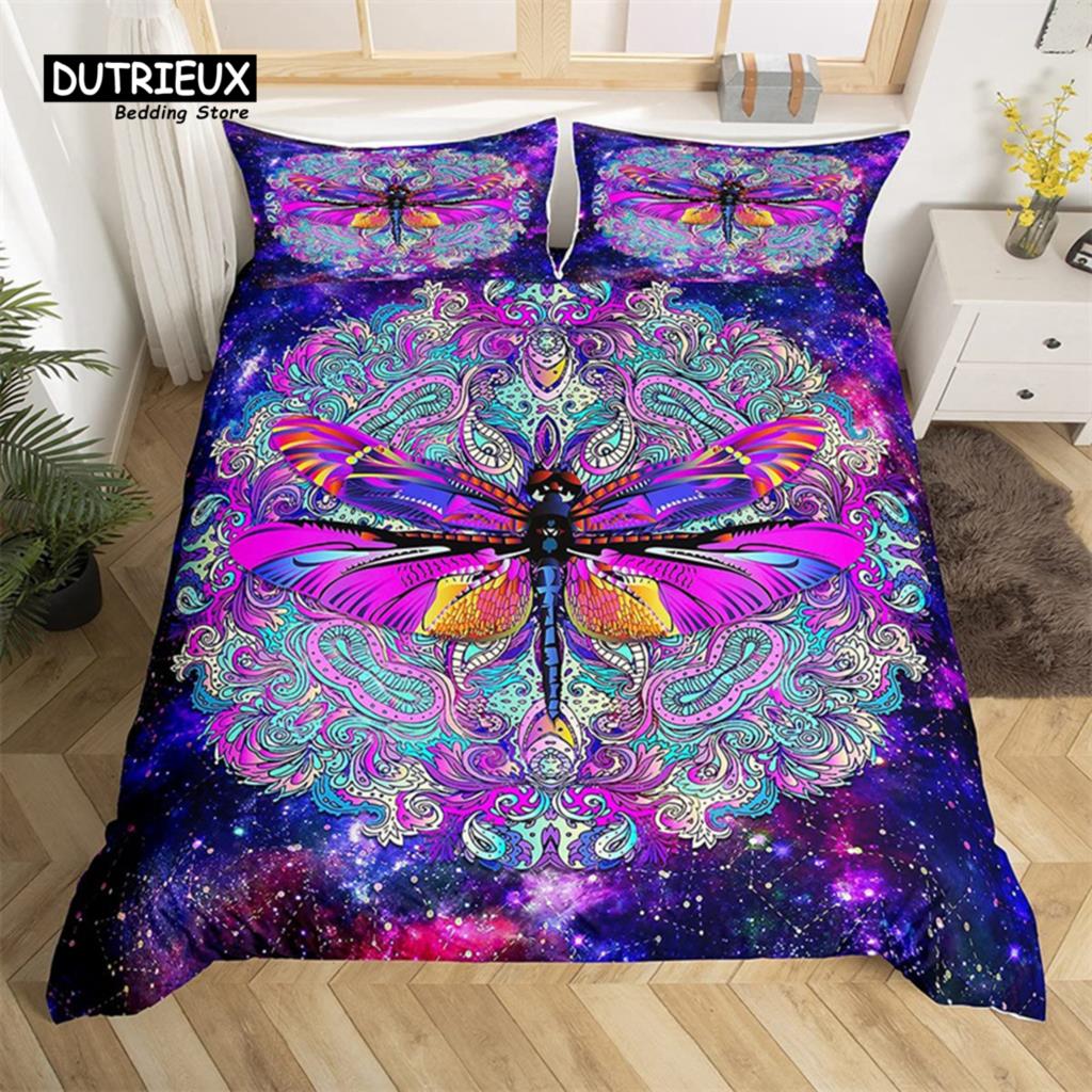 Breathable Trendy King Queen Dragonfly Size Chic Animal Polyester Bohemia Mandala Flowers Bed Comforter