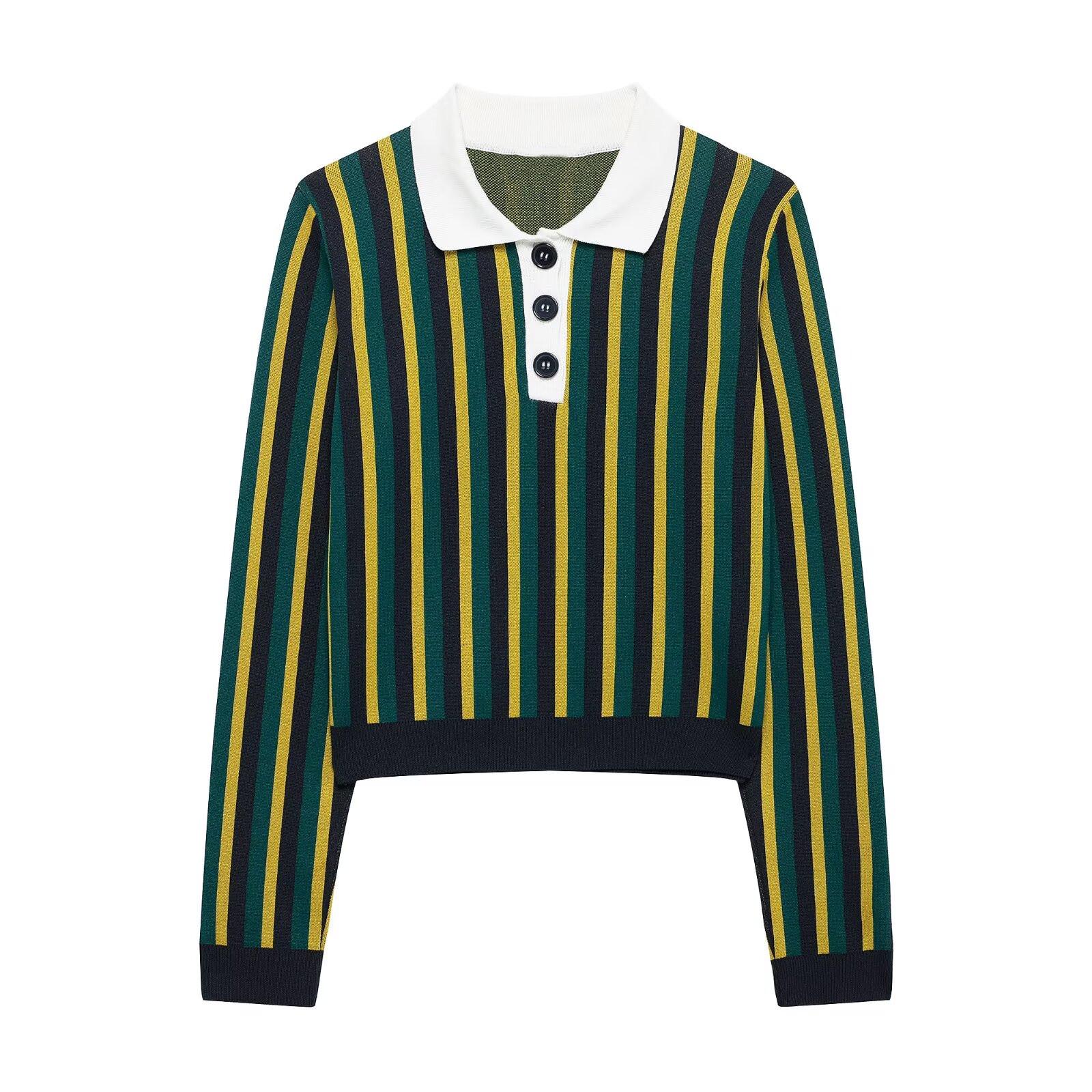 

Весна 2025 Женский полосатый трикотажный свитер с длинным рукавом и воротником поло, в стиле колор-блок M зелёный